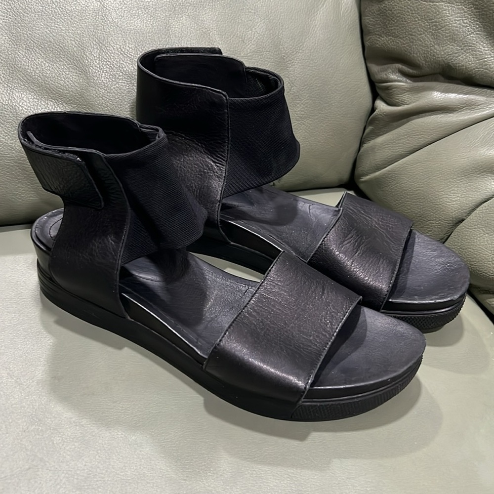 Eileen Fisher Spree Black Leather Platform Mesh Ankle Sandals - Picture 2 of 8